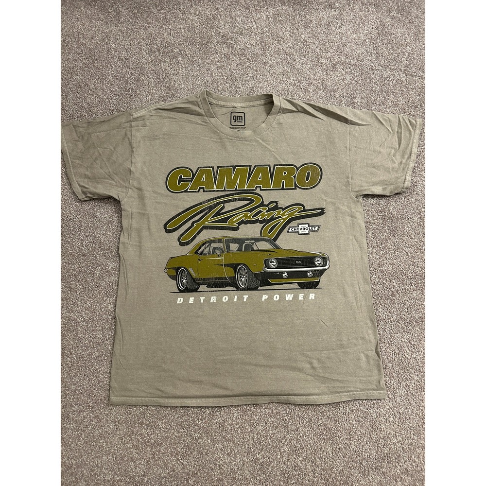 GM Chevrolet Camaro Racing Tee Mens M/L Tan Excellent Detroit Power Graphic
